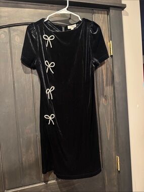 Mikarose Black Velvet Midi Skirt with Ivory Bow Trim